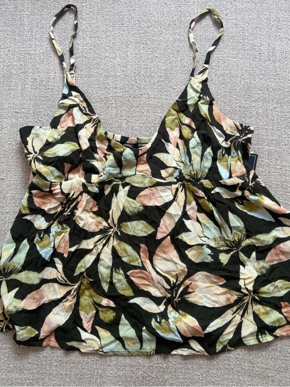Volcom Black Floral Spaghetti Strap Cami with Pastel Leaf Print